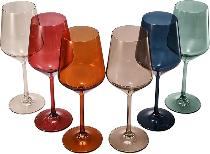 Colored Crystal Wine Glasses - Water & Wine 12oz | Set of 6 | Cute Pastel Muted Crystal Cocktail