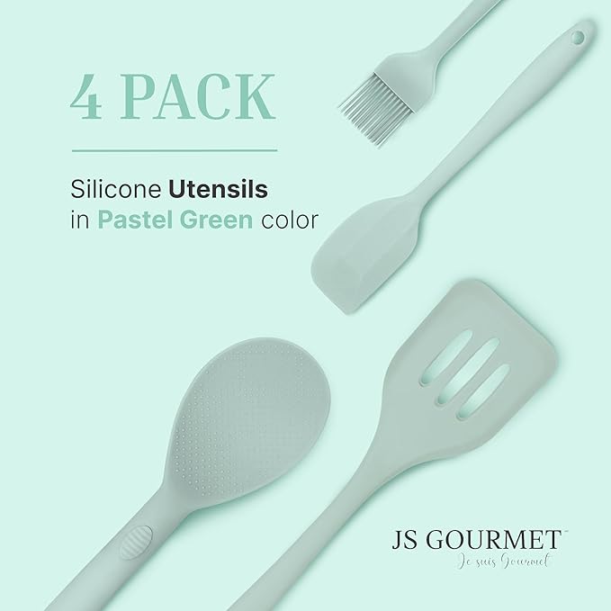 Silicone Utensils 4-Piece Set ??Rubber Spatula, Pastry Brush, Slotted Turner, and Rice Paddle
