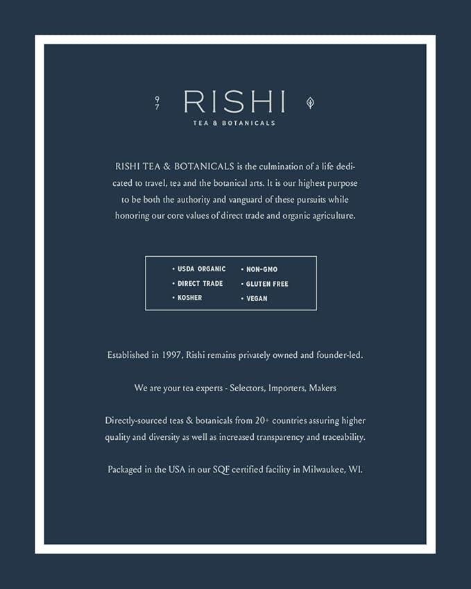 Rishi Tea Masala Chai Black Sachet Tea Bag Blend - Organic, Assam with Whole Spices, Energizing &