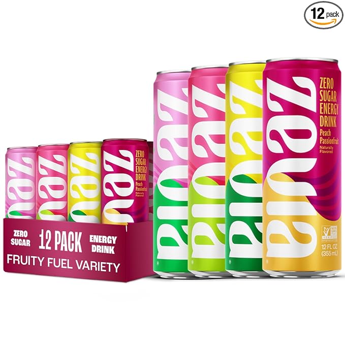 Zevia Zero Sugar Energy Drink, Fruity Fuel Variety Pack, 12 oz Cans (12-Pack) – Naturally
