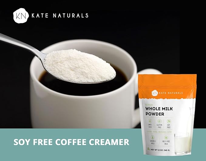 Kate Naturals Dry Whole Milk Powder for Baking, Coffee & Milkshakes (12oz) RBST-Free, Made in USA