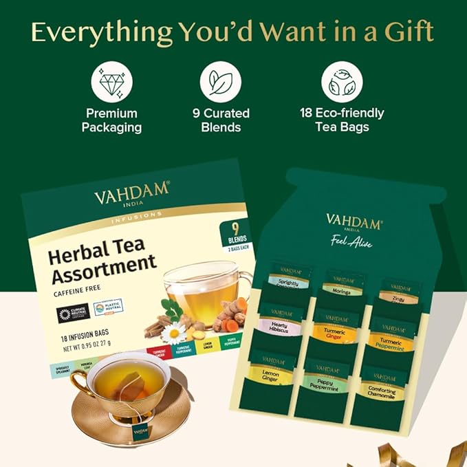 VAHDAM, Assorted Herbal Tea Sampler (18 Tea Bags, 9 Flavors) Caffeine-Free, Non-GMO | Double