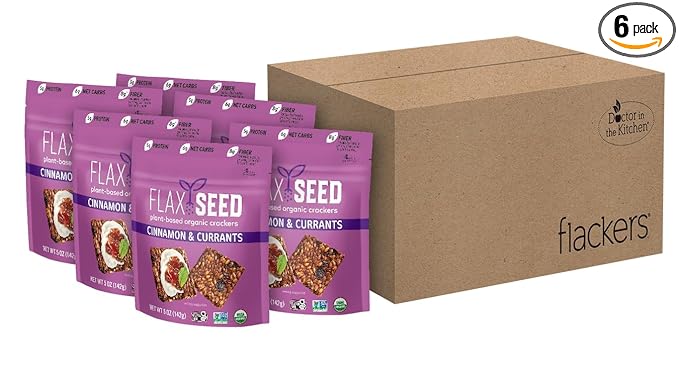 Flackers Organic Flax Seed Crackers Cinnamon & Currants, 5 Ounce 6-Pack, Gluten Free, Non GMO