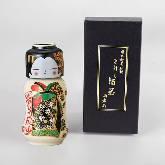 Japanese Traditional Kokeshi Design Sake Wine Soju Ceramic Set with 1 Ochoko Cup and 1 Tokkuri
