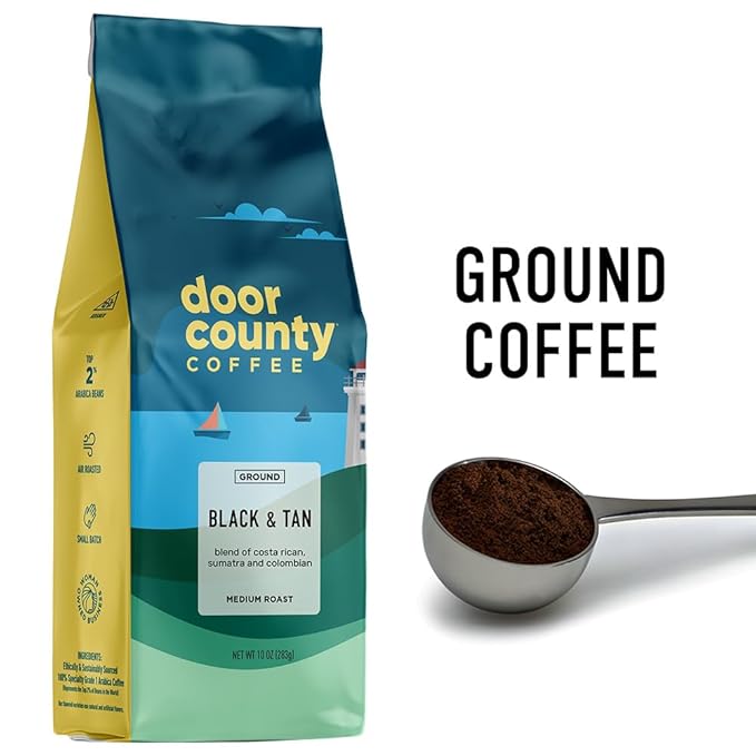 Door County Coffee Black and Tan Non-Flavored Ground - 10 oz Bag - Medium Roast - 100% Specialty