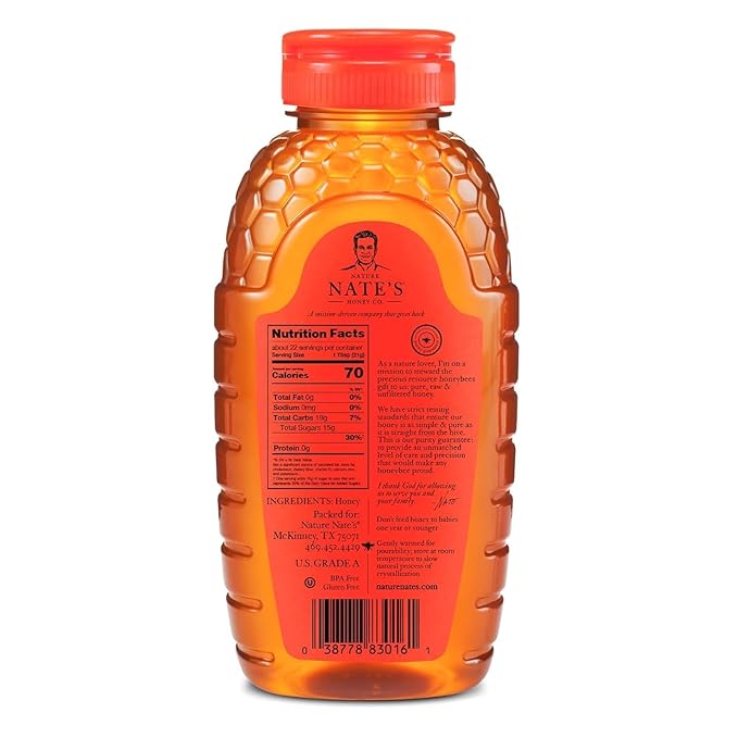 Nate's 100% Pure, Raw & Unfiltered Honey - Award-Winning Taste, 16 oz. Squeeze Bottle