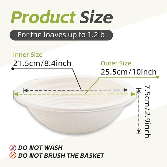 2 x 10inch Pulp Round Sourdough Banneton Bread Proofing Basket Baking Supply with Linen Liners for