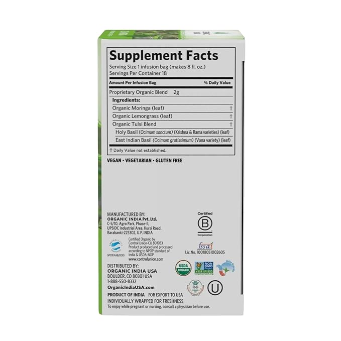 ORGANIC INDIA Tulsi Moringa Tea Bags- Holy Basil, Lemongrass, Moringa Leaves, Calming Immune