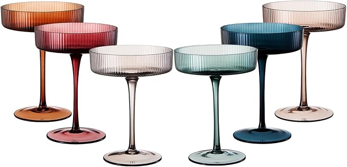 Colored Vintage Art Deco Coupe Glasses - Martini, Cocktail & Champagne Ribbed Glasses 7oz | Set of