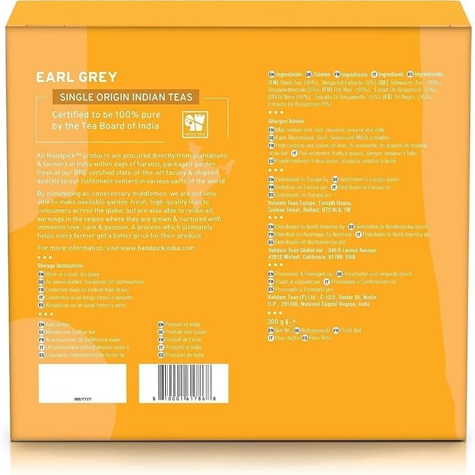 HANDPICK, Earl Grey Black Tea Bags (100 Count) Bergamot Oil | Caffeinated, Earl Grey Tea Bags |