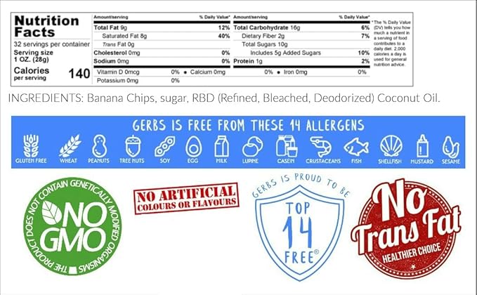 Gerbs Banana Chips Sweetened, 2 LBS – Unsulfured & Preservative Free - Top 14 Allergy Friendly &