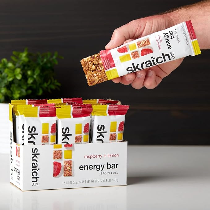 SKRATCH LABS Energy Bar | Raspberry + Lemon (12 pack) | Plant Based Healthy Snack | Low Sugar - 4g