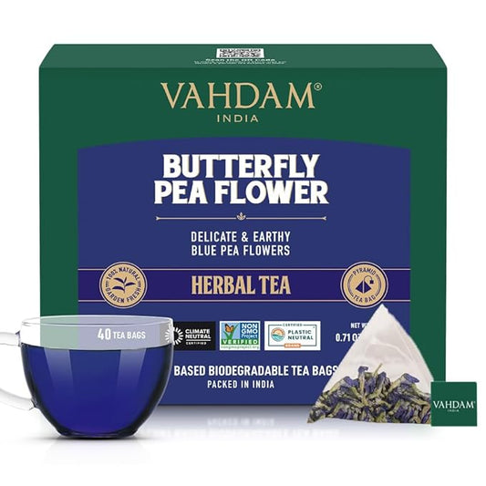 VAHDAM, Butterfly Pea Flower Tea Bags (40 Pyramid Teabags) Vegan, Non-GMO | Delicate & Earthy |