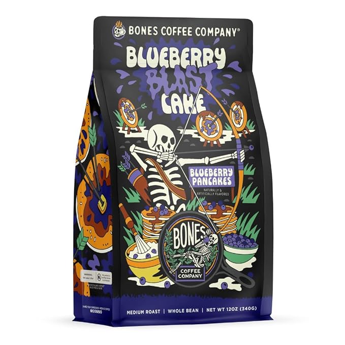 Bones Coffee Company Blueberry Blast Cake, Blueberry Pancakes Flavored Coffee, Medium Roast Low