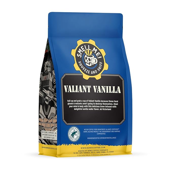 Bones Coffee Company Fallout Valiant Vanilla, Vanilla Wafer Flavored Coffee, Medium Roast Low Acid