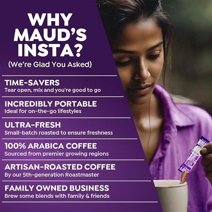 Maud's Half Caffeine Instant Coffee, 24 ct, 100% Arabica Coffee, Medium Roast, Instant Hot or Iced