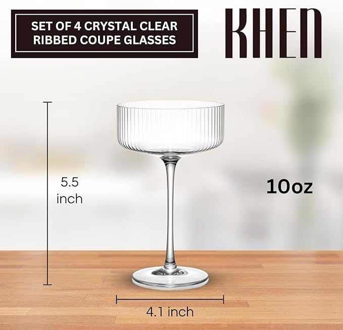 Vintage 4 Pcs Ribbed Coupe Glasses, 11 oz 100% Crystal Coupe Glass Set, Unique Martini Glass