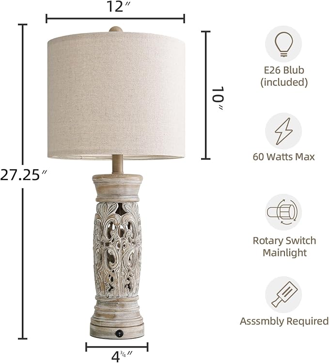 BOBOMOMO 27.25” Rustic Farmhouse Table Lamps Set of 2 – Vintage Bedside Lamps with Night Light &