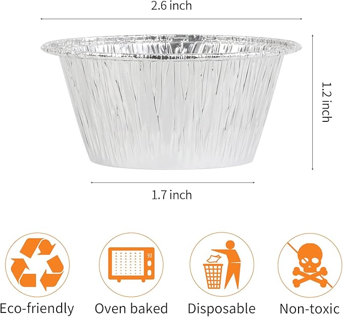 Aluminum Foil Baking Cups, Disposable Ramekin 3 Oz Silver Foil Cupcake liners, 200 Pcs Aluminum