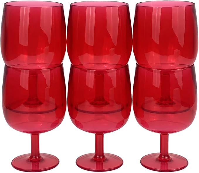 Yalin Set of 6 Unbreakable 12 oz Acrylic Plastic Wine and Water Tumbler Stackable Goblets. (Red, 12