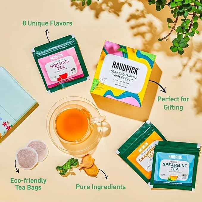 HANDPICK, Tea Bags Sampler Assortment Variety pack Gift Box 8 Flavors, 40 Tea Bags - Perfect