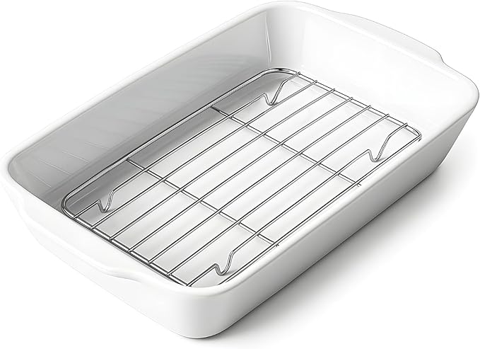 Casserole Dish with Roasting Racks, 3 QT Baking Dish with Handles, White Bakeware, Ceramic Baking