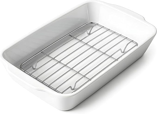 Casserole Dish with Roasting Racks, 3 QT Baking Dish with Handles, White Bakeware, Ceramic Baking