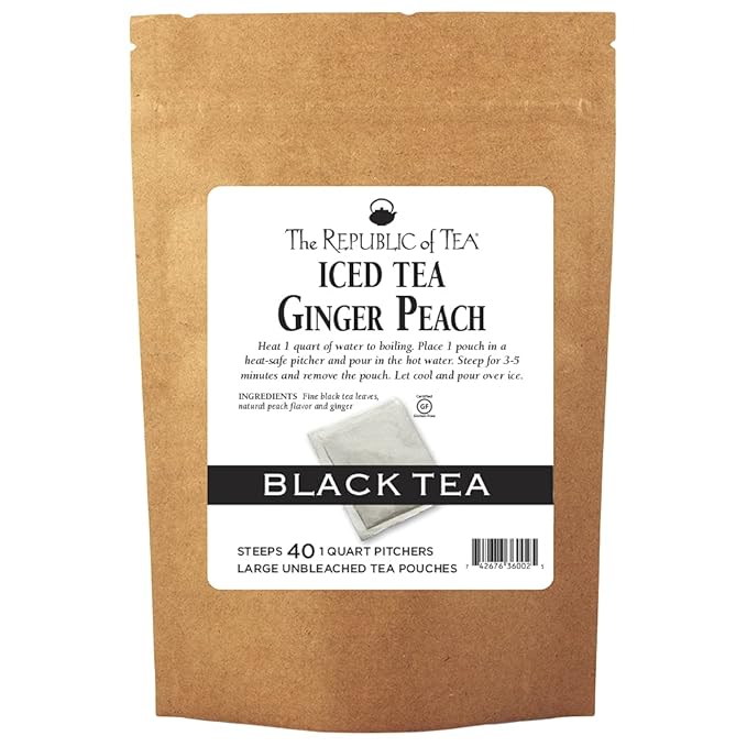 The Republic of Tea – Ginger Peach Black Iced Tea Bags, 40 Large Quart-Sized Iced Tea Pouches