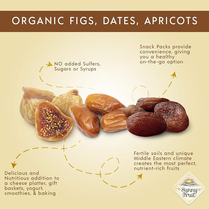 Sunny Fruit Organic Dried Fruit Assortment - Dates, Figs & Apricots Variety, 3 Bags (15 Individual