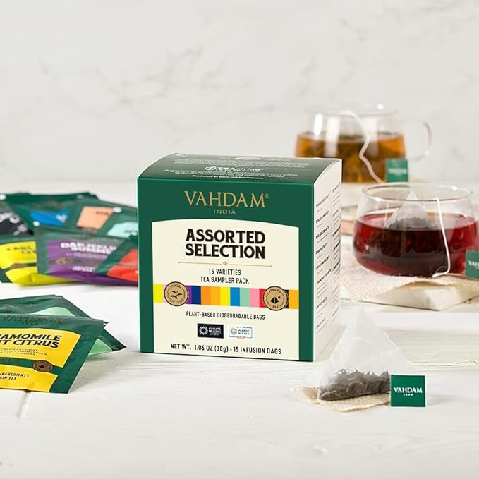 VAHDAM, Assorted Tea Sampler (15 Different Variety in Individually Wrapped Pyramid Tea Bags) Long