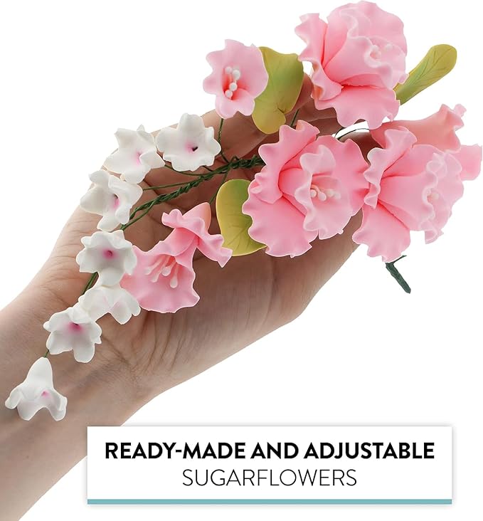 Sugar Blossom Cake Spray – Gumpaste Flowers for Cake Decorating – Pink Cherry Blossoms with Green