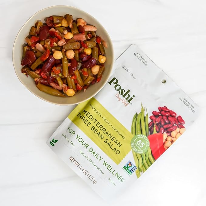 POSHI Mediterranean Three Bean Salad Natural, Keto, Vegan, Non GMO, Low Carb + Calorie, Gluten