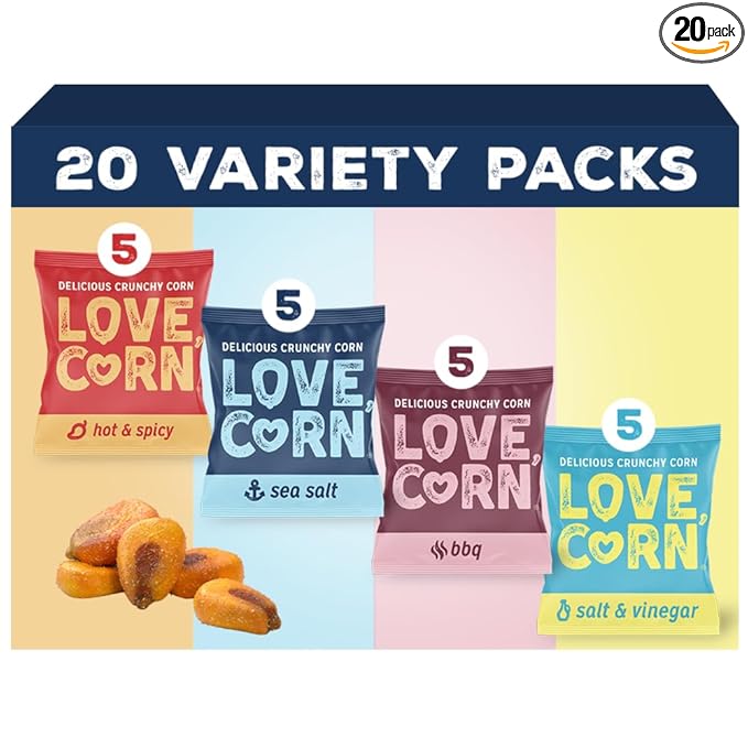LOVE CORN Fab Four - Sea Salt, BBQ, Salt & Vinegar, Hot Spicy 0.7oz x 20 Delicious Crunchy Corn