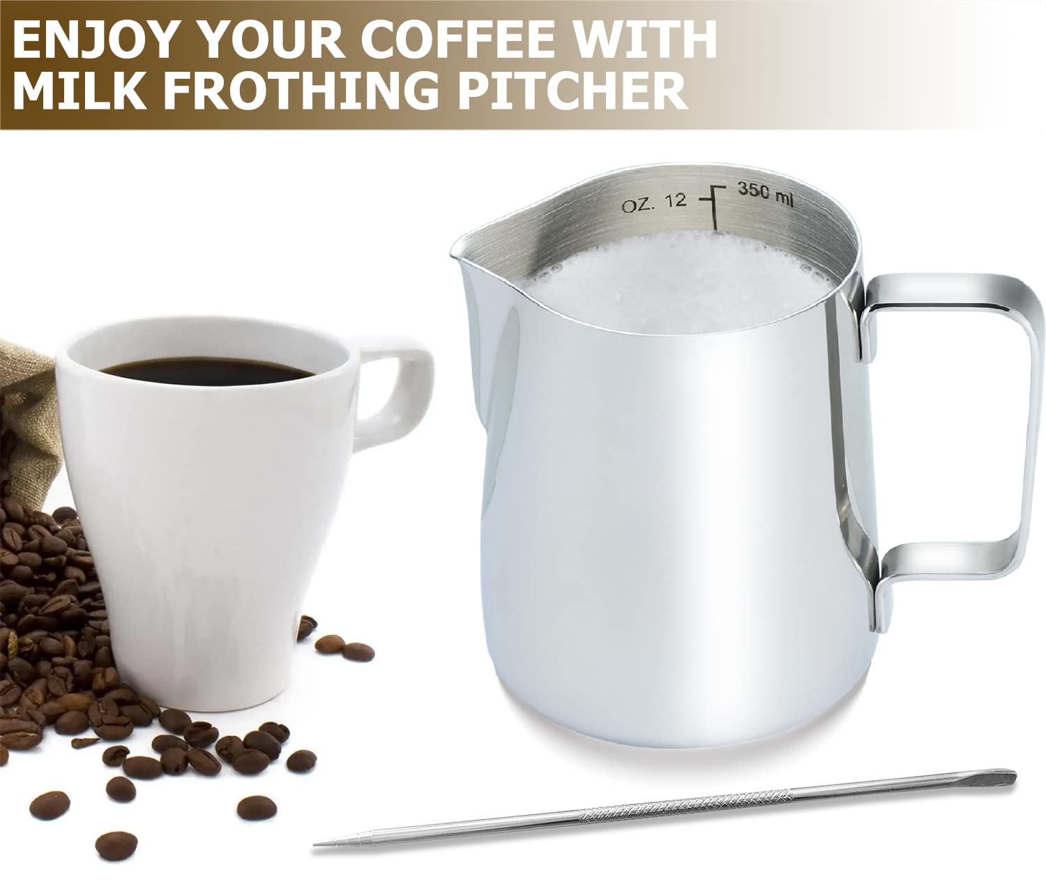 CAMKYDE Stainless Steel Milk Frothing Pitcher 32 oz, Espresso Steaming Pitcher with Decorating Pen