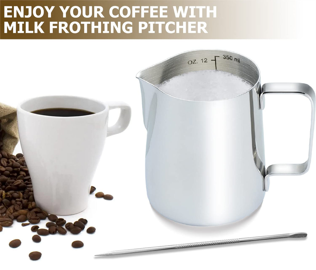 CAMKYDE Stainless Steel Milk Frothing Pitcher 12 oz, Espresso Steaming Pitcher with Decorating Pen