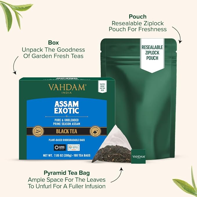 VAHDAM, Assam Exotic Black Tea Bags (100 Count) High Caffeine, Gluten Free, Full Bodied | Pyramid