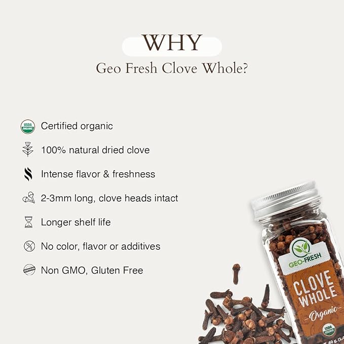 Geo-Fresh Cloves Whole Organic - 1.41 oz (40g) - Organic Cloves Whole - USDA Certified, Non-GMO