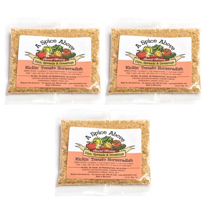 A Spice Above Dips, Spreads, and Dressing Mixed Seasonings Party Packets, 3 Pack (Kickin Tomato