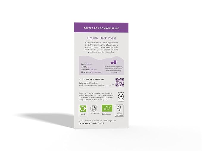 Cru Kafe Dark Roast USDA Organic Espresso Coffee Capsules (50 Pods) Fairtrade Coffee Pods