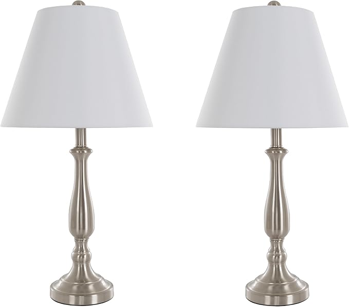 Brushed Steel Table Lamps - Set of 2 Traditional Accent Lights with LED Bulbs - Home Décor for