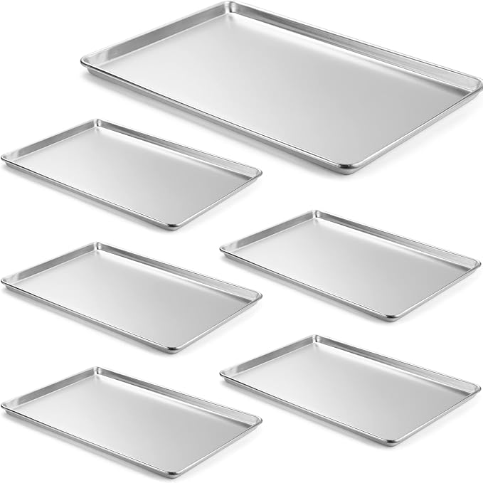 CURTA 6 Pack Aluminum Sheet Pan, NSF Listed Full Size 26 x 18 inch Commercial Bakery Cake Bun Pan