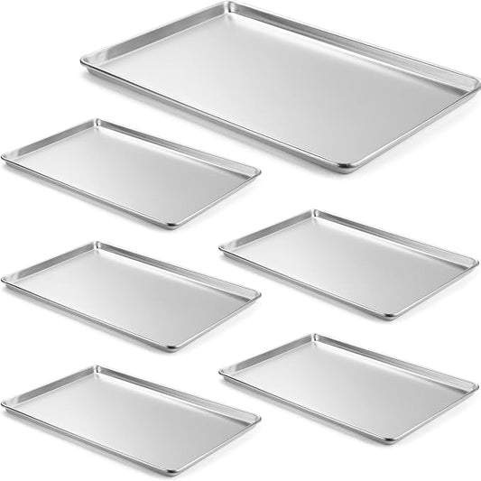 CURTA 6 Pack Aluminum Sheet Pan, NSF Listed Full Size 26 x 18 inch Commercial Bakery Cake Bun Pan