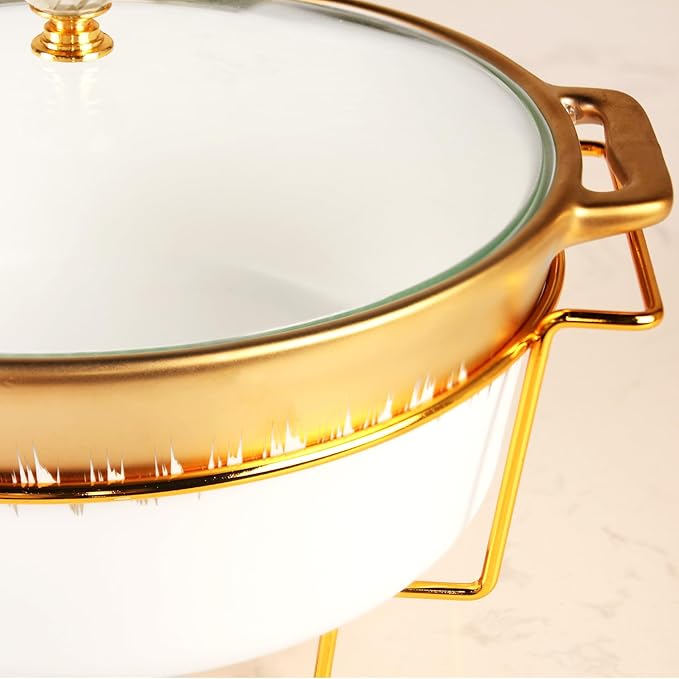 Ceramic Casserole Dish with rack and Glass Lid, 1.8 Qt Round Serving Soup Tureen with Handle