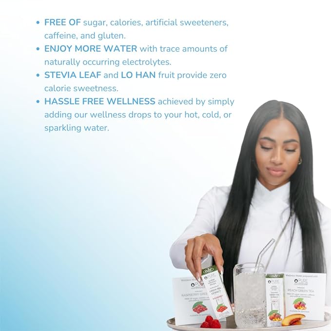 Pure Inventions - Green Tea Raspberry & Peach Water Infusion Drops -Antioxidants & Electrolytes