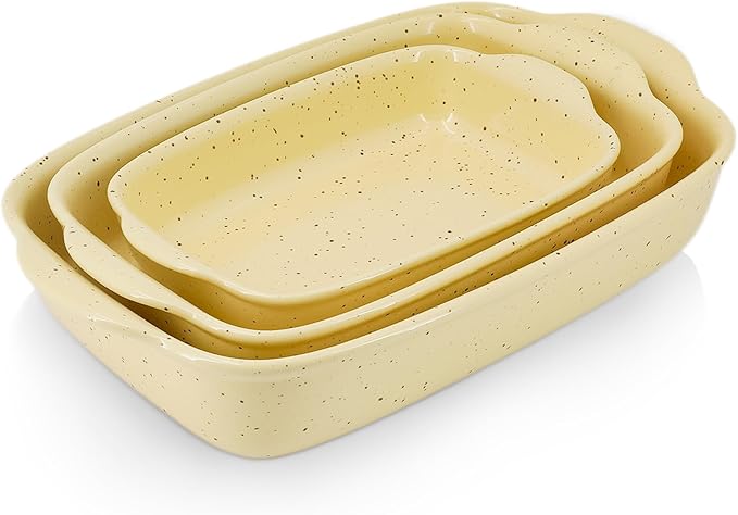 Casserole Dish Set of 3,Ceramic Bakeware for Oven,Rectangular Baking Dishes with Handles,High Heat