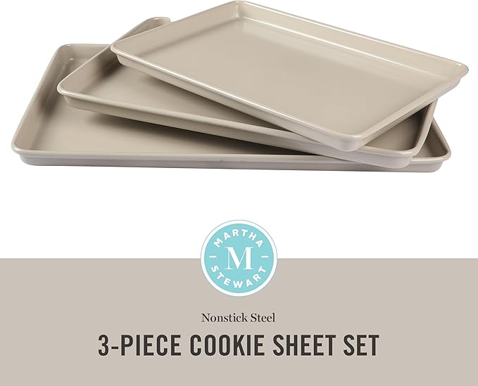 Martha Stewart Gallen 3-Piece Cookie Sheet Set ??13", 15", 17" Baking Pans, Ceramic Nonstick