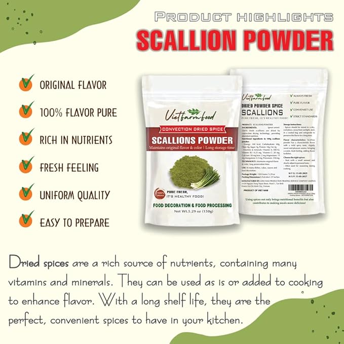 SCALLION POWDER 5.29 Oz (150g) VIETFARMFOOD: Pure, natural freeze-dried spice made from real