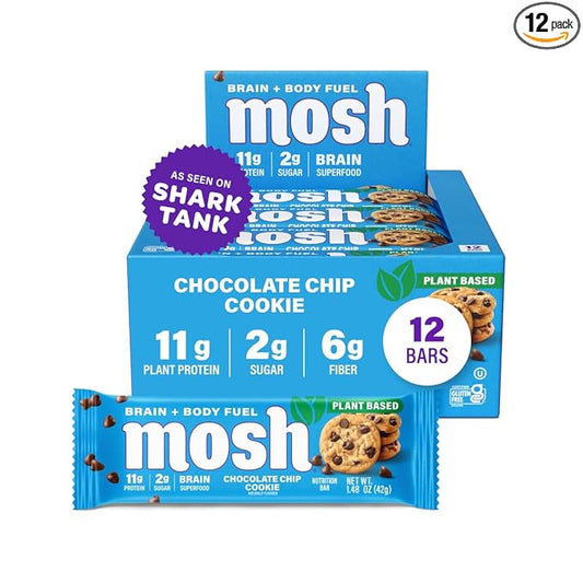 MOSH Chocolate Chip Cookie Vegan Protein Bars, Plant Based, Keto, Gluten Free, Brain Healthy Snack