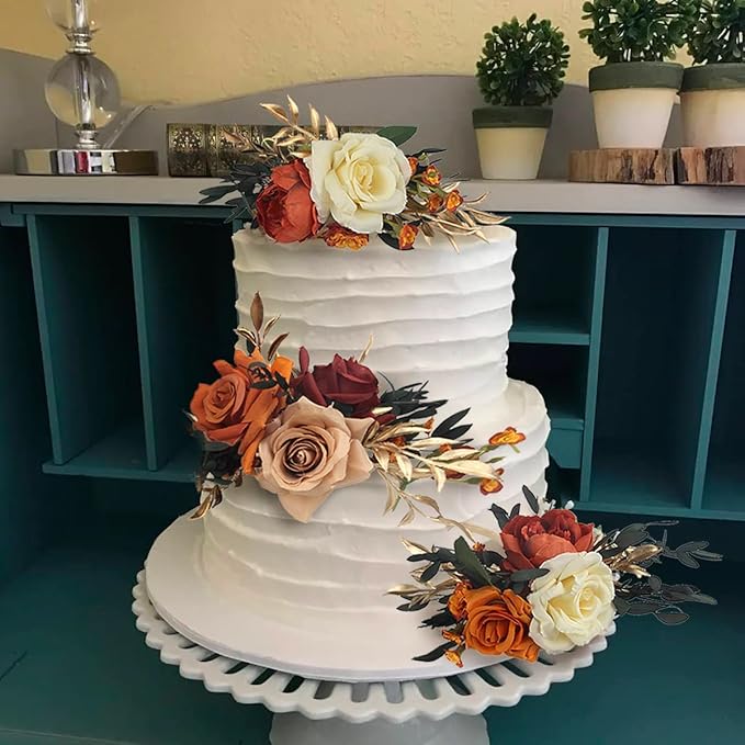 Rinlong 3Pcs Pre-made Cake Topper Cake Decorating Flowers for Cake Decor Boho Burnt Orange Fall