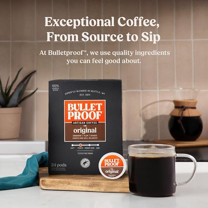 Bulletproof Original Medium-Roast Single-Serve Coffee Pods, 24 Count, 100% Arabica Beans, Clean